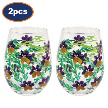 2PCS Stemless Gin Glass Copa Pansies Flowers Tumbler 500ml
