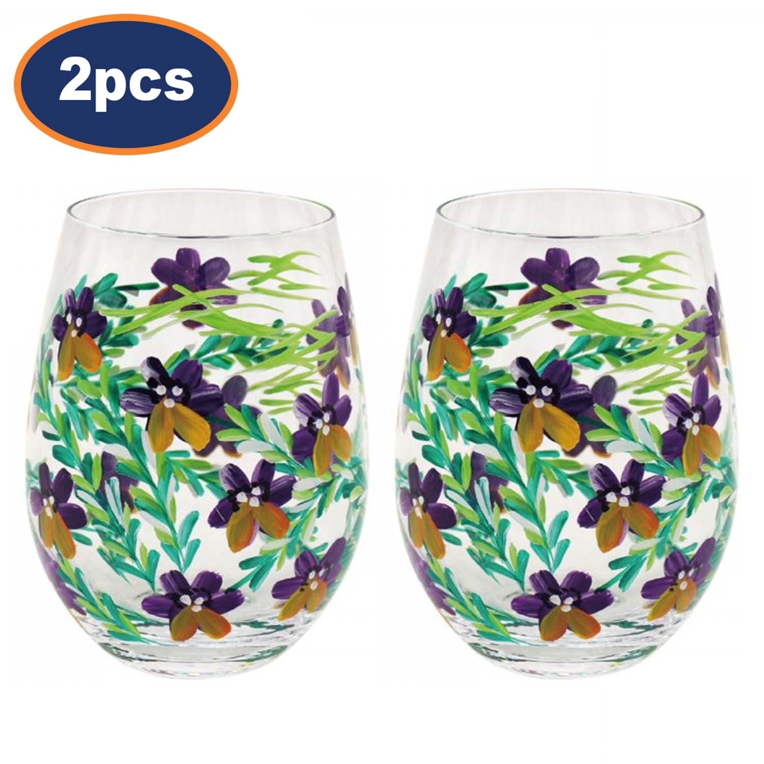 2Pcs 500ml Lynsey Johnstone Hand Painted Pansies Flowers Stemless Gin Glasses