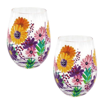 2Pcs 500ml Lynsey Johnstone Hand Painted Sunflowers Stemless Gin Glasses