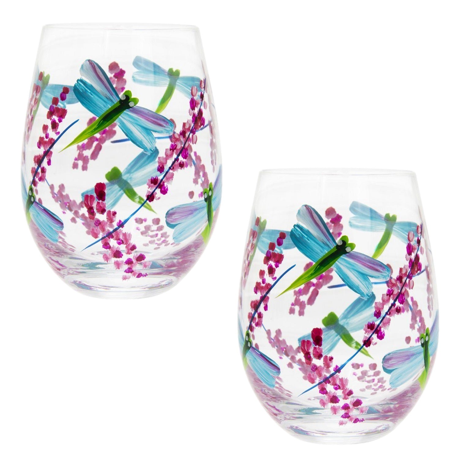 2Pcs 500ml Lynsey J Hand Painted Blue Dragonfly Flower Stemless Gin Glasses