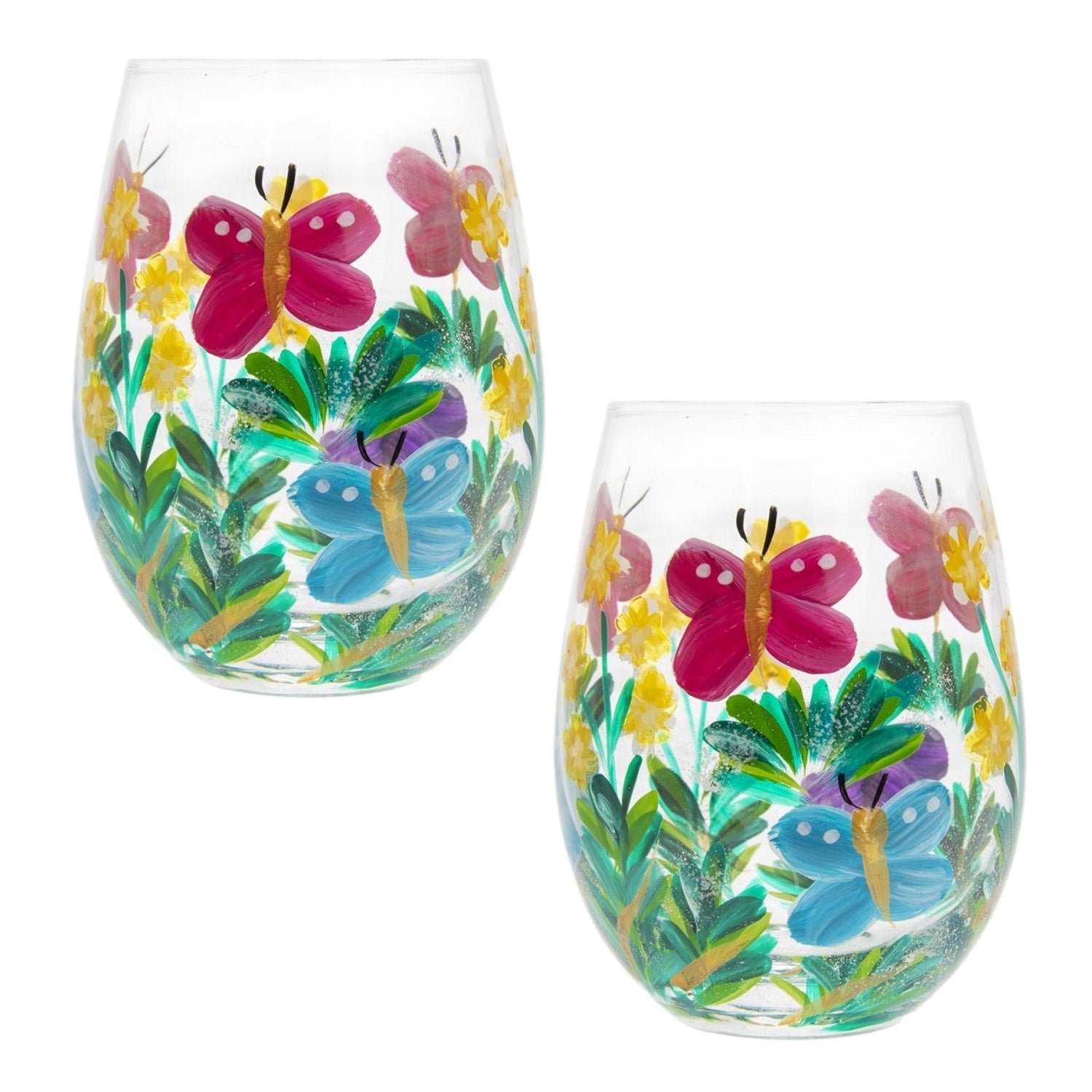 2Pcs 500ml Lynsey J Hand Painted Pink Butterfly Flower Stemless Gin Glasses