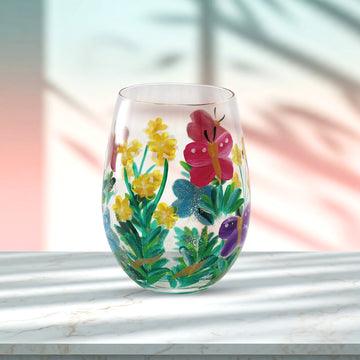 Stemless Gin Glass Lynsey Johnstone 500ml Hand Painted Pink Butterfly Flower