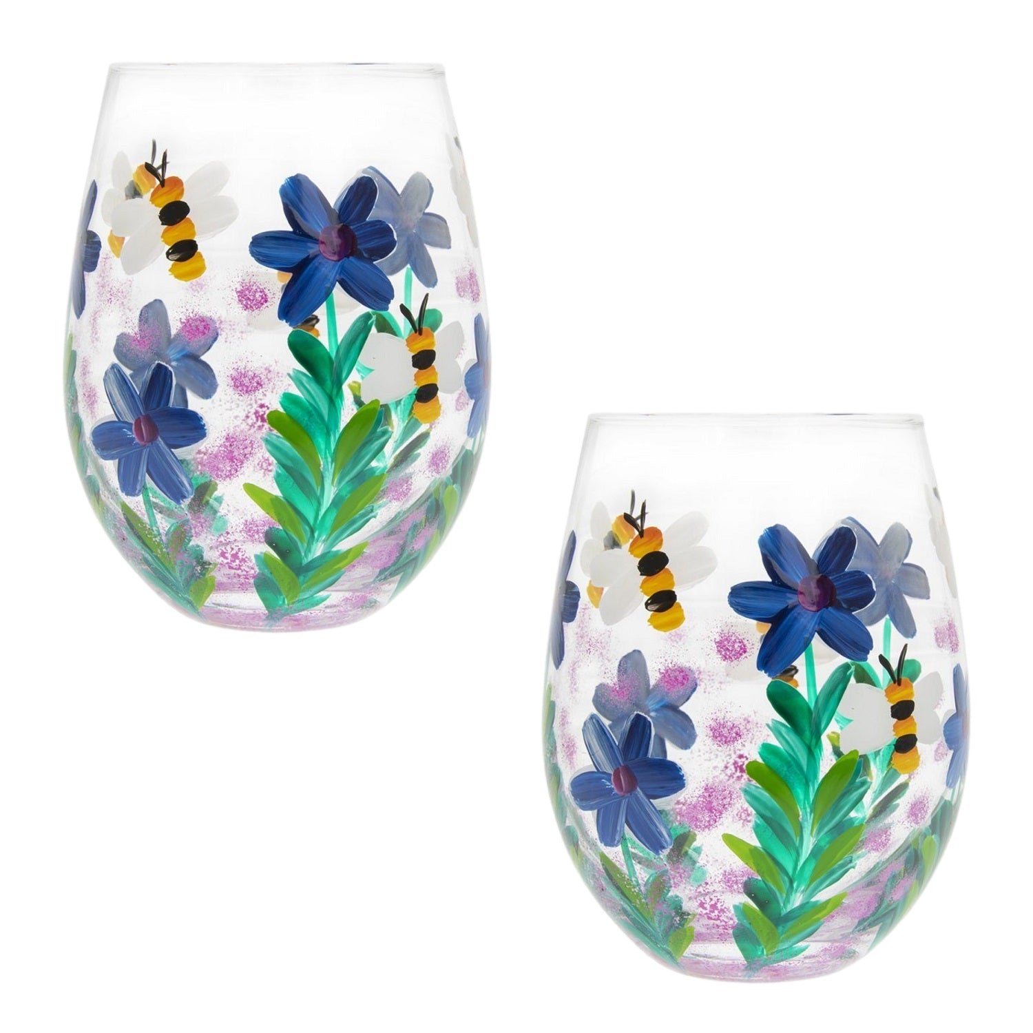 2Pcs 500ml Lynsey Johnstone Hand Painted Bees Wild Flowers Stemless Gin Glasses