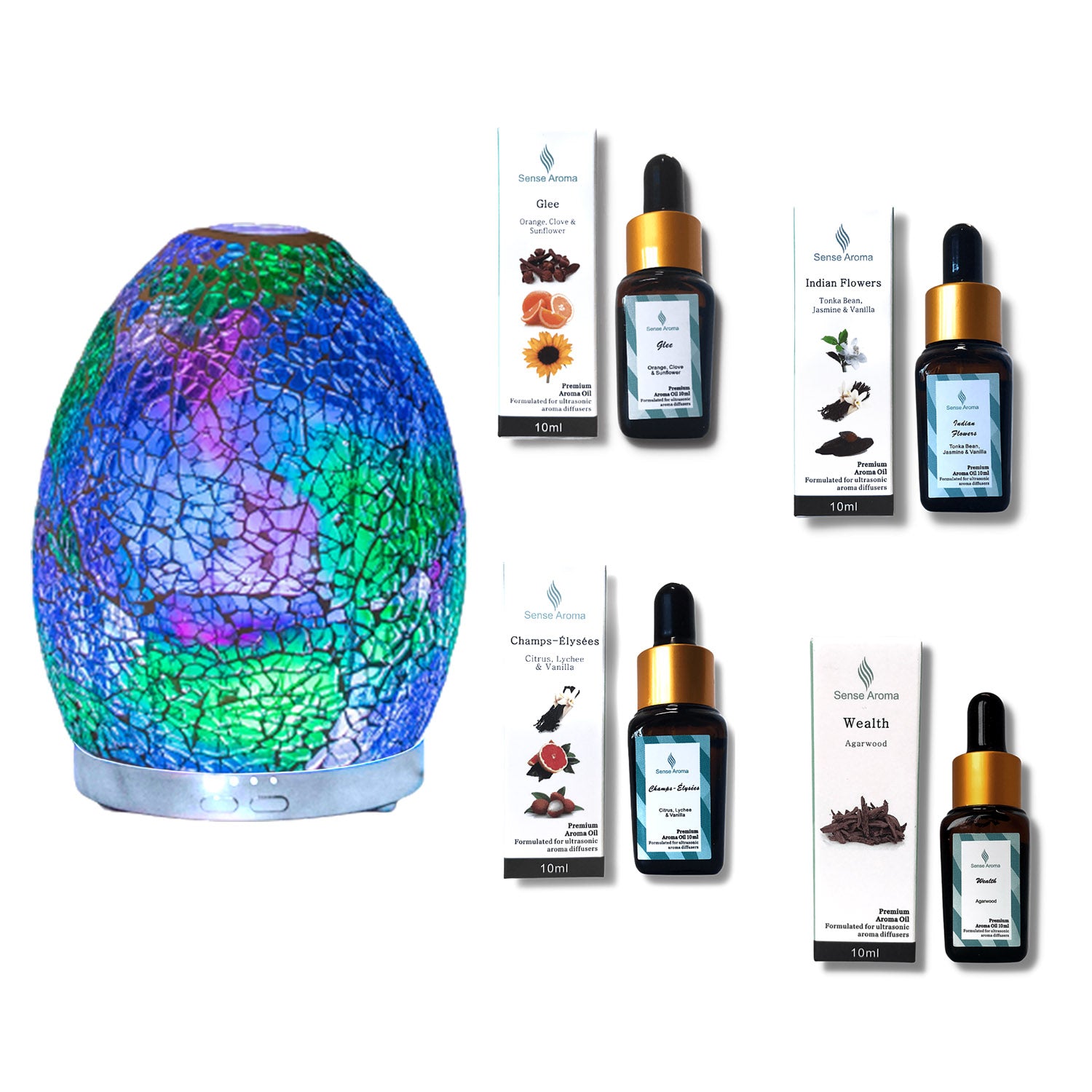 Egg Shaped Blue Mosaic Ultrasonic Humidifier With 4 10ml Scented Oils Mist