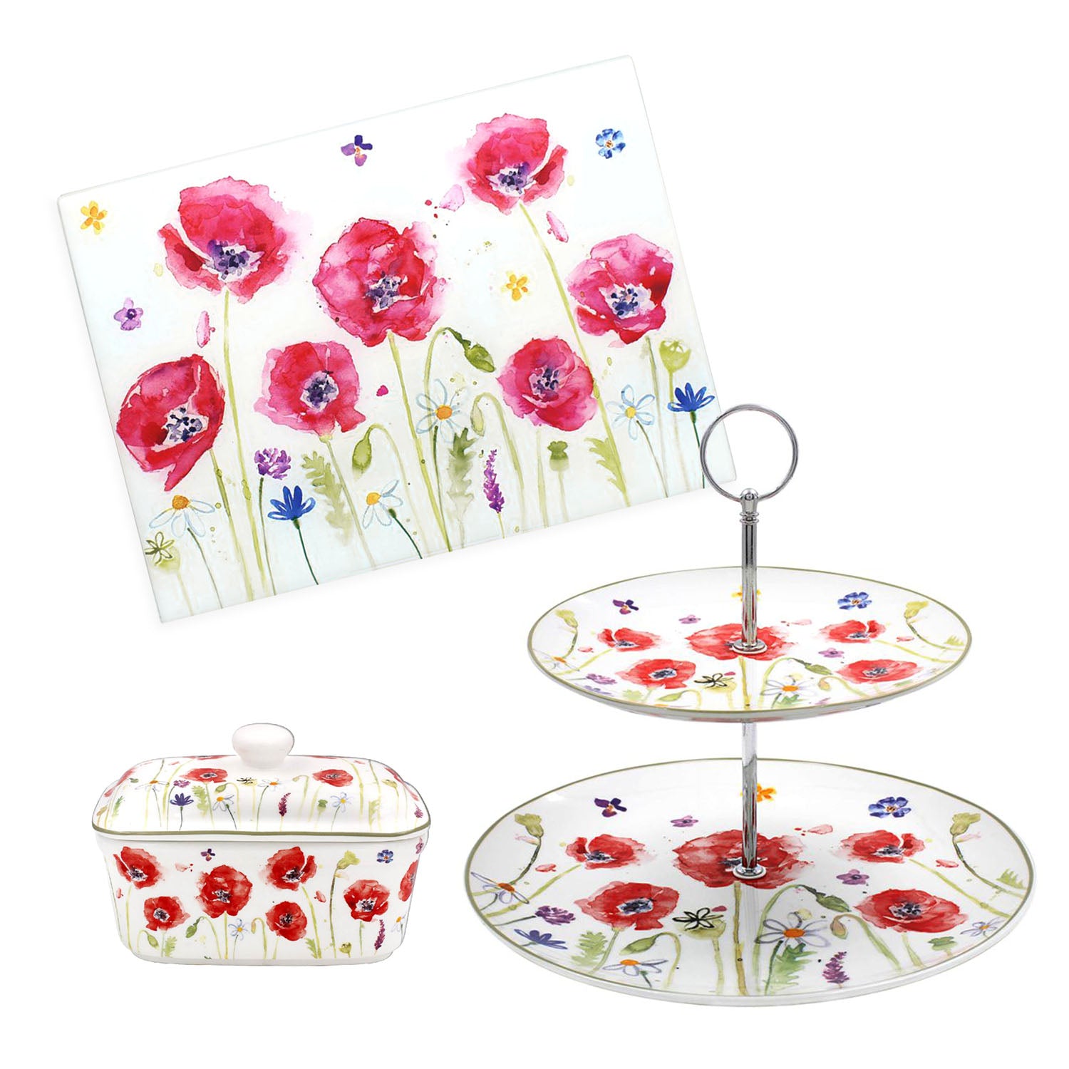 3-pc Poppy Field 2-Tier Cake Stand, Butter Dish & Chopping Board - Floral