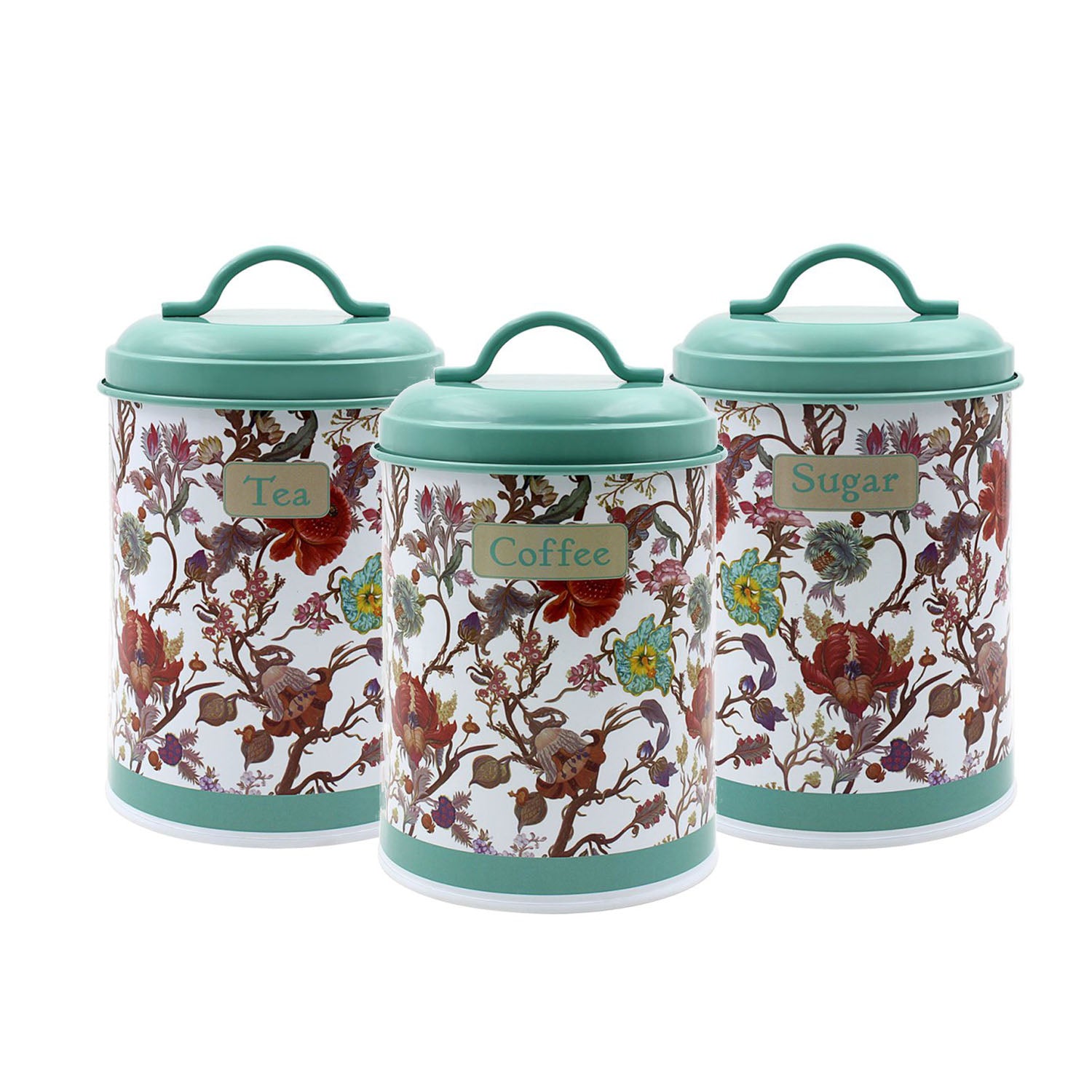 3-pc Anthina Coffee, Sugar & Tea Tin Canister - Floral Mint Green