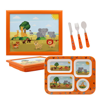 3-pc Orange Zoo Animals Plate Tray Spoon Fork Cutlery Laptray for Kids