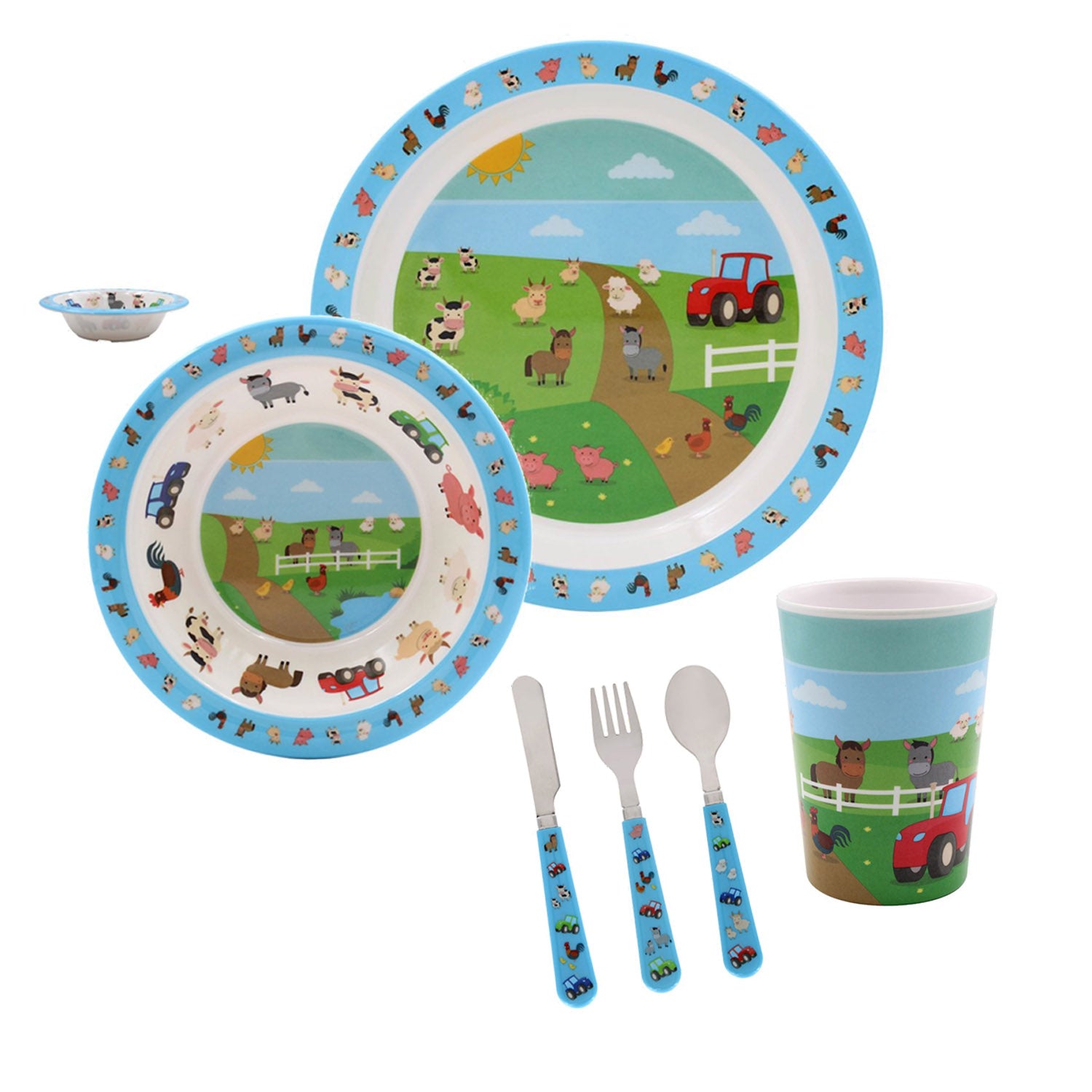 4-pc Blue Farm Animals Cup Soup Bowl Plate Spoon Cutlery for Kids