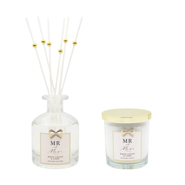 Mr. & Mrs. Diffuser & Scented Candle White Cotton Linen Set