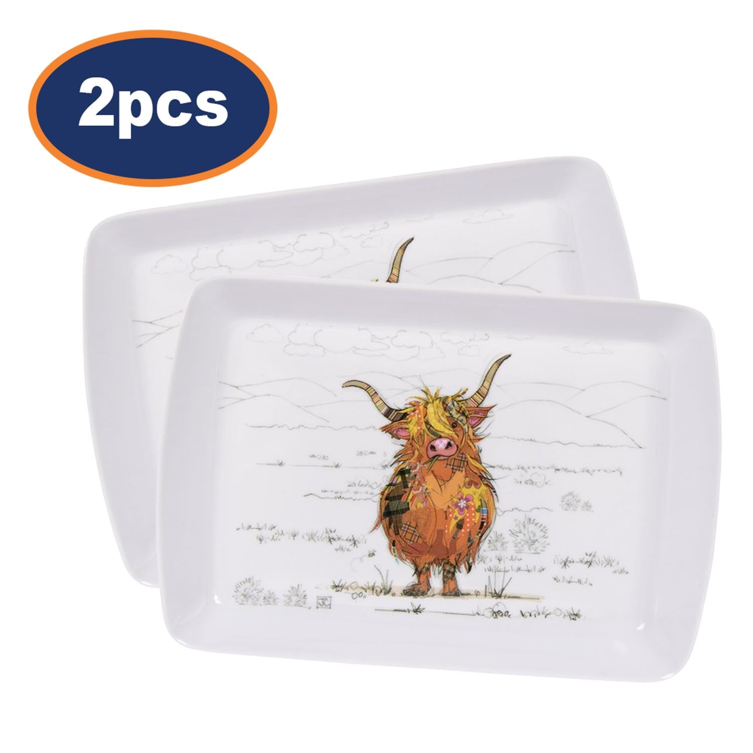 2Pcs Rectangle Melamine Bug Art Highland Hamish Serving Tray