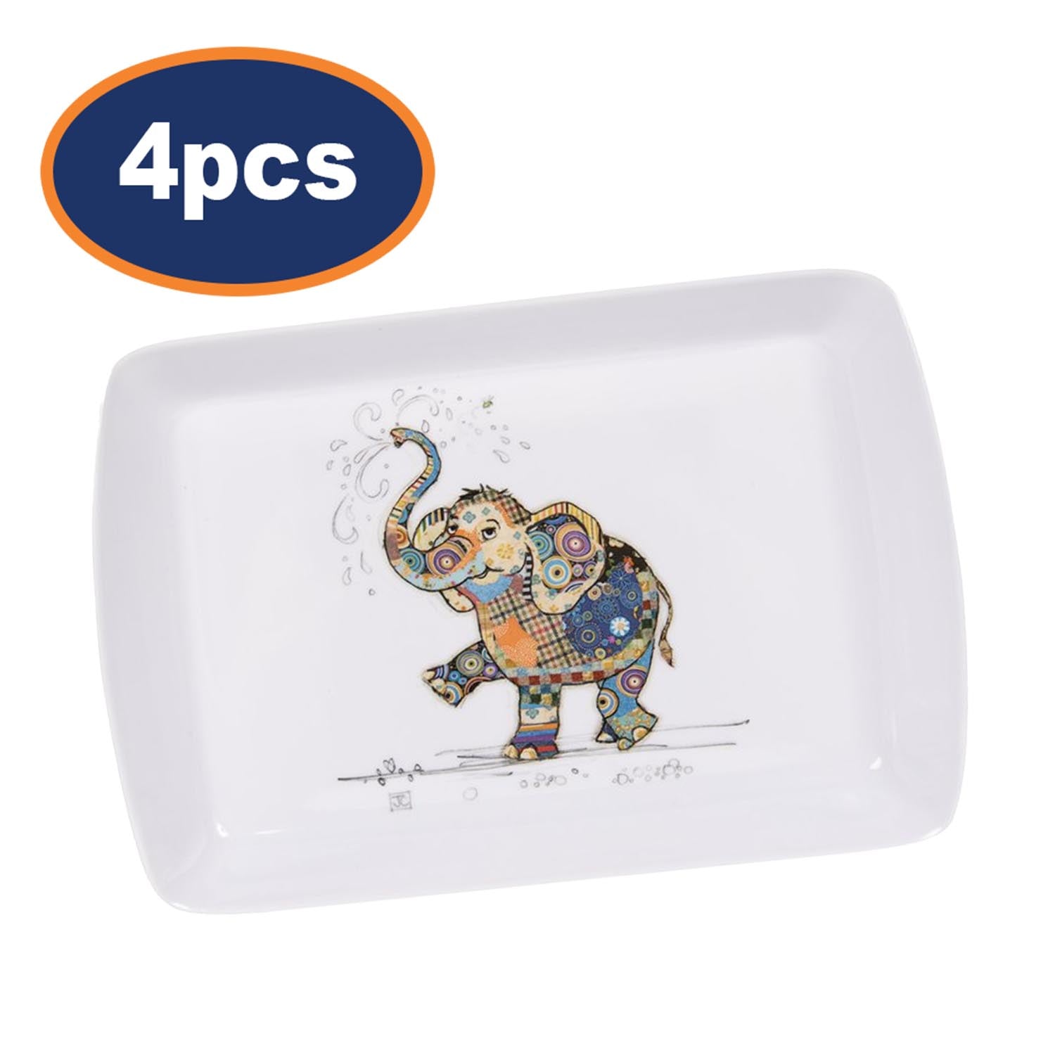 4Pcs Rectangle Melamine Bug Art Eddie Elephant Serving Tray