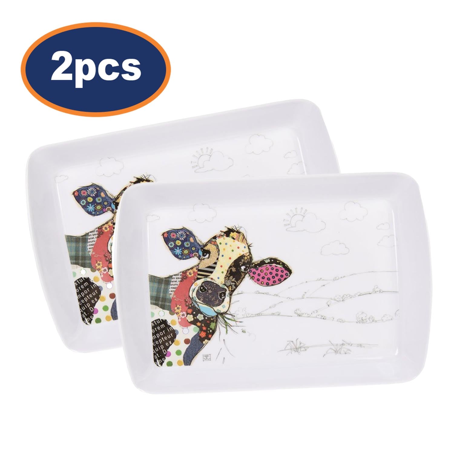 2Pcs Rectangle Melamine Bug Art Connie Cow Serving Tray