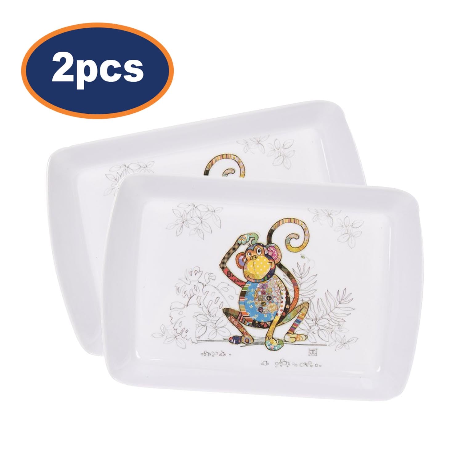 2Pcs Rectangle Melamine Bug Art Monty Monkey Serving Tray