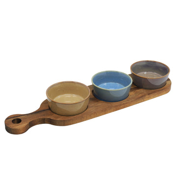 3 Bowls Snack Dishes & Wood Tray