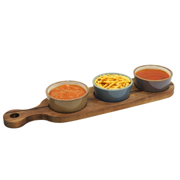 3 Bowls Snack Dishes & Wood Tray