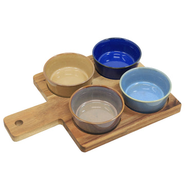 4 Bowls Snack Dishes & Wood Tray