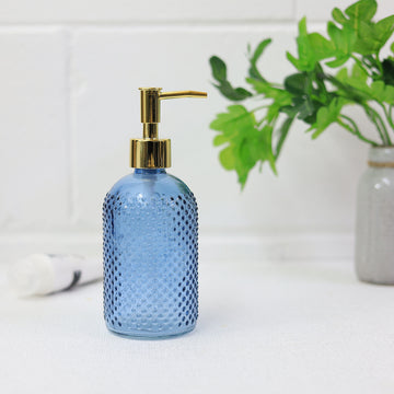 Blue Glass Ribbed Style Gold Pump Soap Dispenser