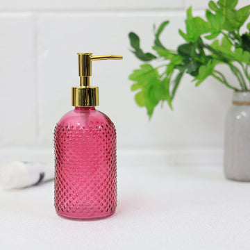 Pink Glass Ribbed Style Gold Pump Soap Dispenser