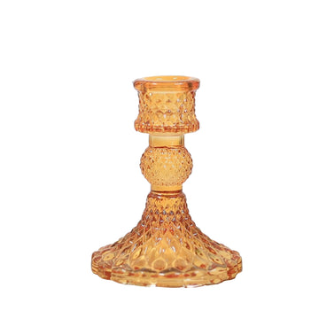 11cm Amber Glass Ribbed Design Candle Holder