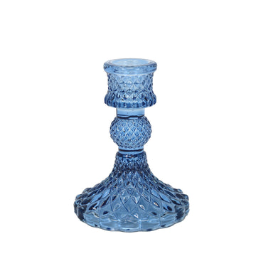 11cm Blue Glass Ribbed Design Candle Holder