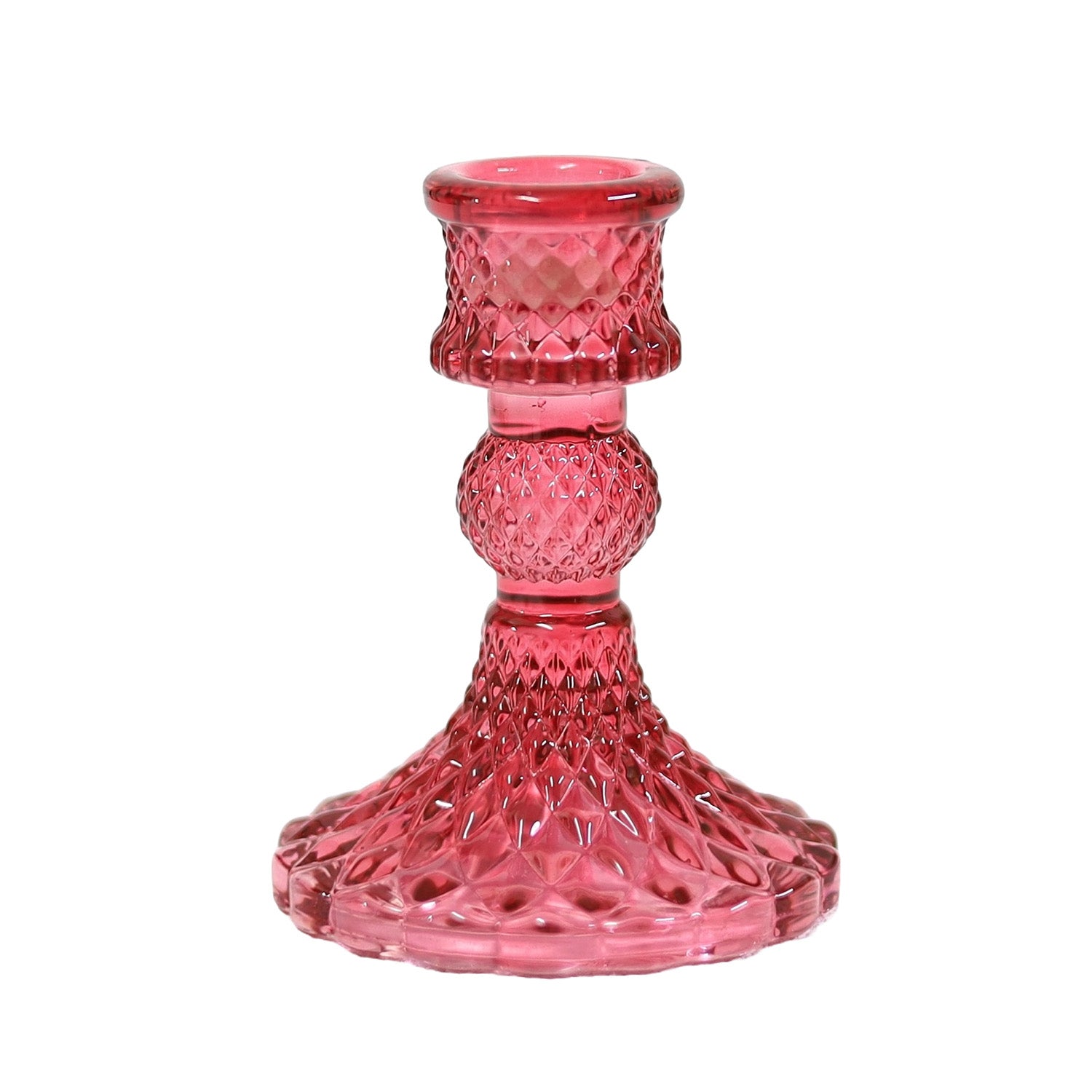 11cm Pink Glass Ribbed Design Candle Holder