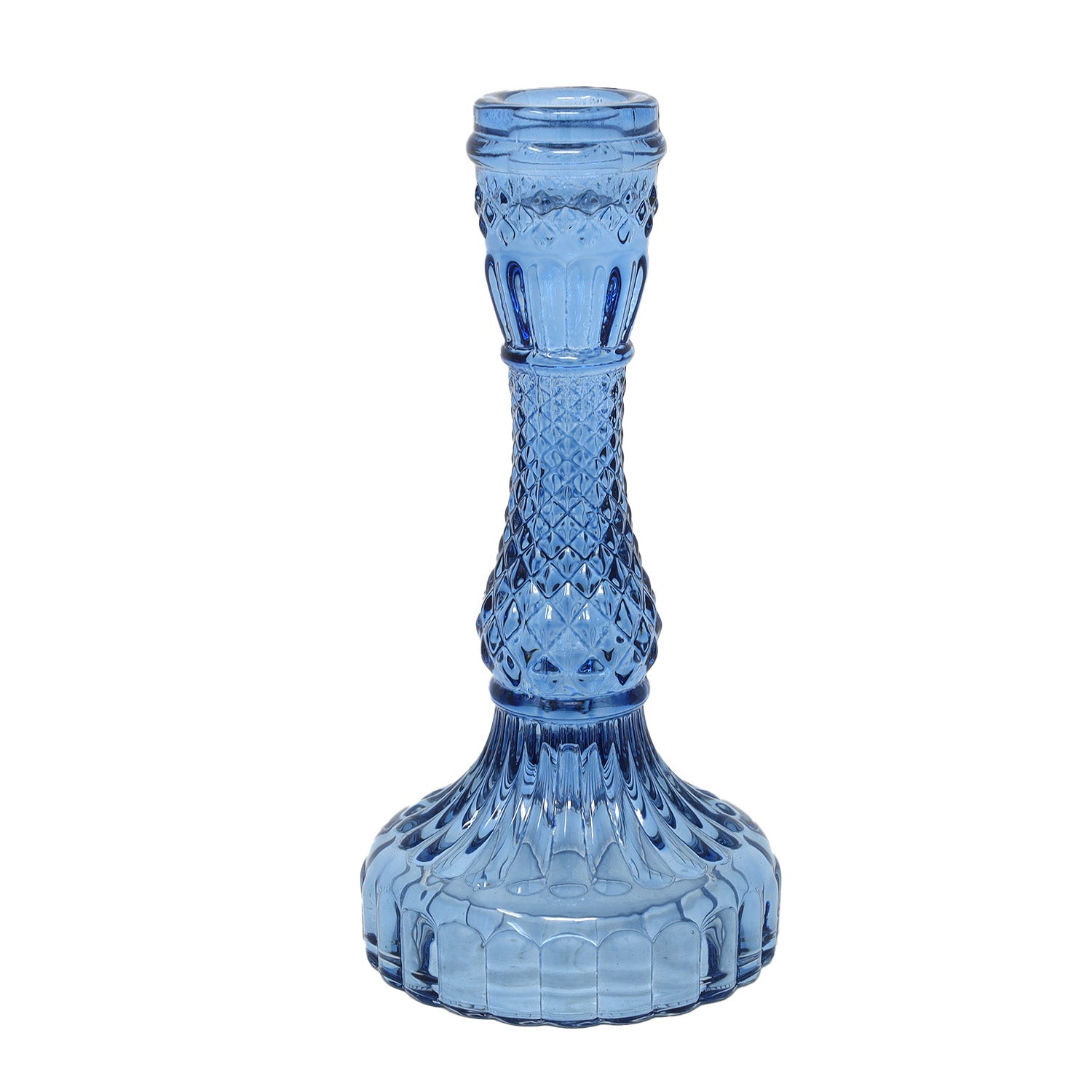 18cm Blue Glass Ribbed Design Candle Holder