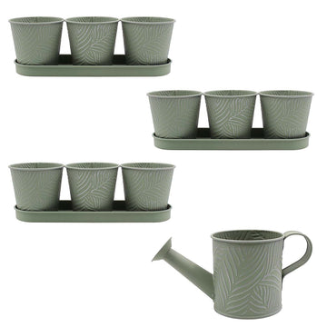 9pc Pastel Green Metal Decorative Planters & Watering Can Set