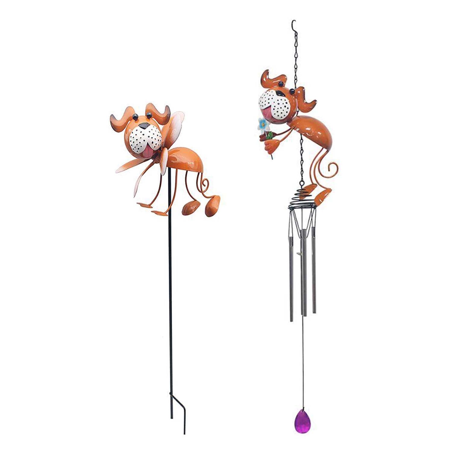 Bright Eyes Brown Metal Dog Stake & Wind Chime Set