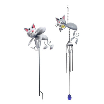 Bright Eyes Grey Metal Cat Stake & Wind Chime Set