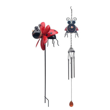 Bright Eyes Metal Ladybird Stake & Wind Chime Set