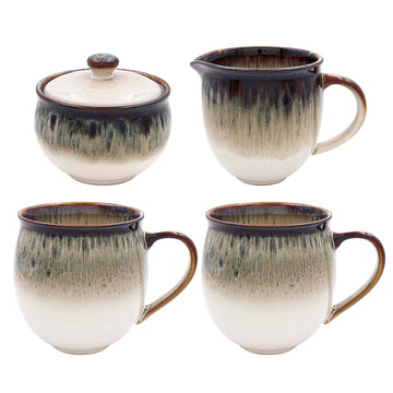 4Pc Natural Beige Ceramic Reactive Glaze Mugs Sugar Bowl & Cream Jug Set