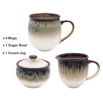 6Pc Natural Beige Ceramic Reactive Glaze Mugs Sugar Bowl & Cream Jug Set