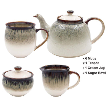 9pc Ceramic Mugs Sugar Bowl Creamer Jug & Teapot Set