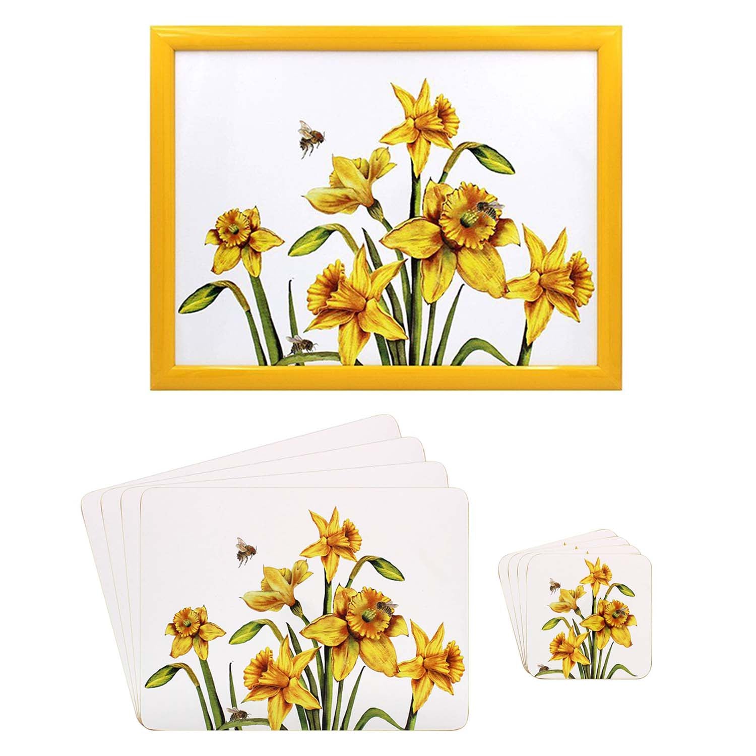9pc Yellow Daffodil Bee-tanical Floral Series Cork Coasters Placemats & Laptray Set