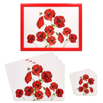 9pc Red Poppies Bee-tanical Floral Series Cork Coasters Placemats & Laptray Set
