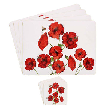 8pc Red Poppies Bee-tanical Floral Series Cork Coasters & Placemats Set