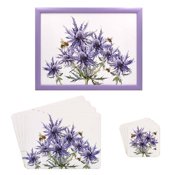 9pc Purple Thistles Bee-tanical Floral Series Cork Coasters Placemats & Laptray Set