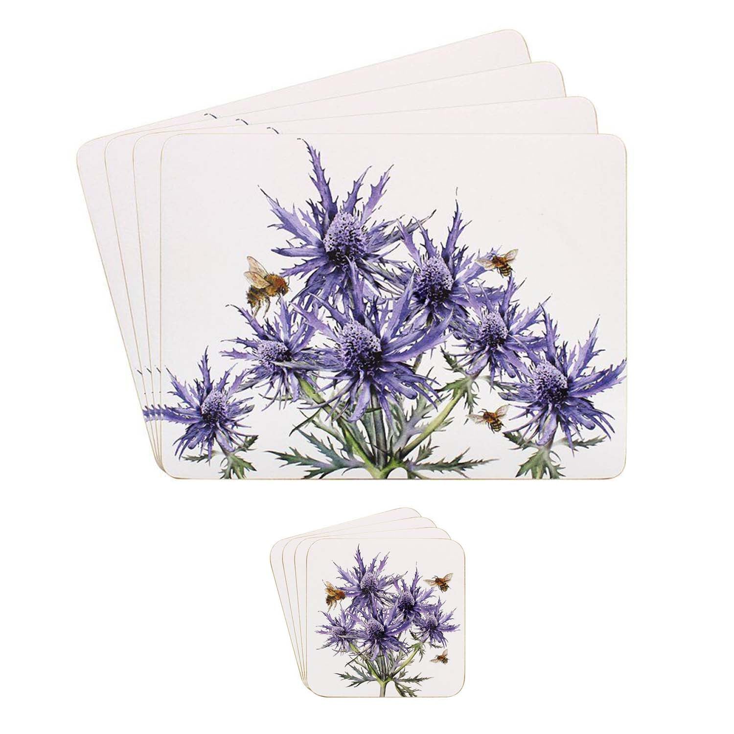 8pc Purple Thistles Bee-tanical Floral Series Cork Coasters & Placemats Set