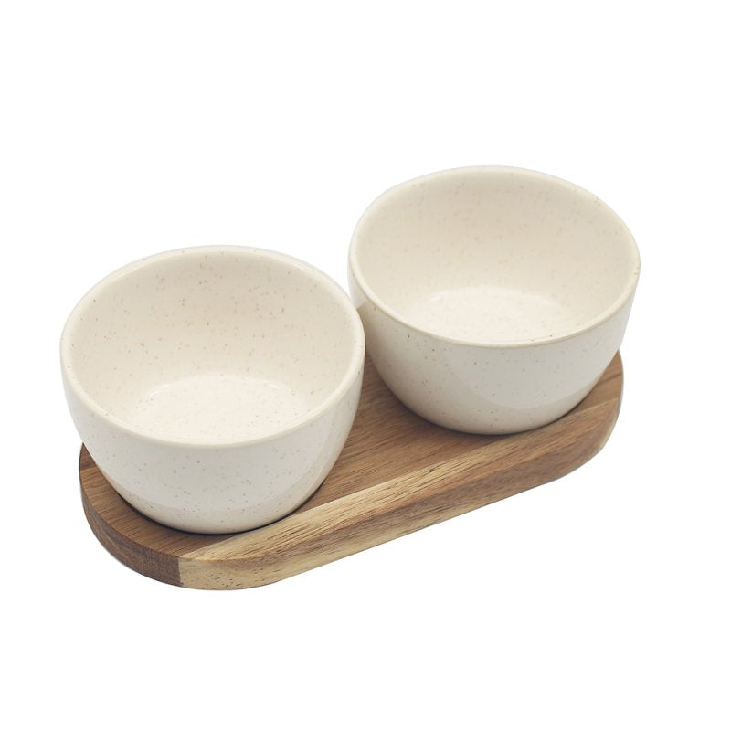 2Pc Round Snack Bowls With Wooden Tray Serving Set