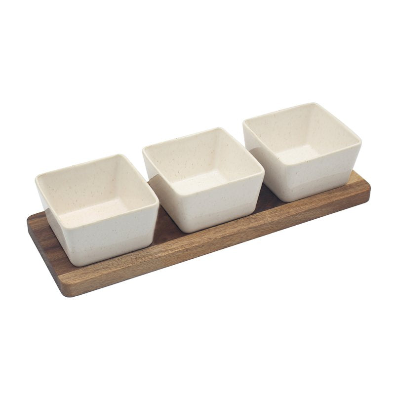 3Pc Square Snack Bowls With Wooden Tray Serving Set