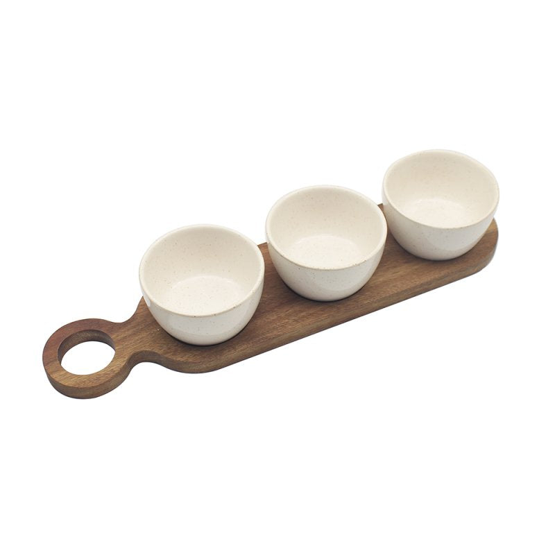 3Pc Round Snack Bowls With Wooden Tray Serving Set