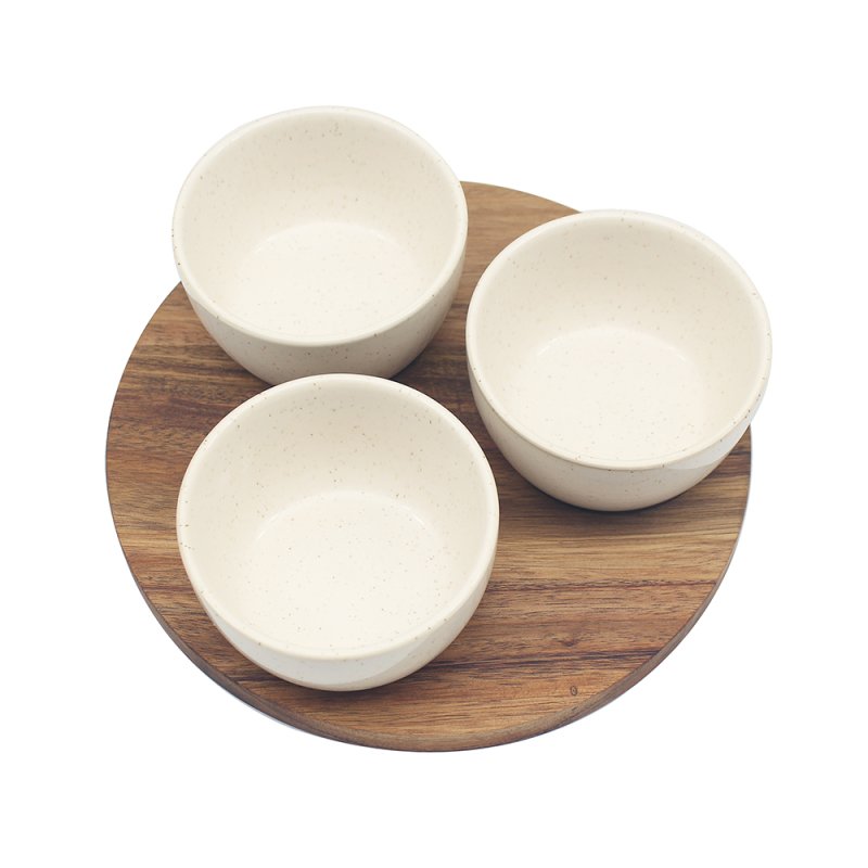 3Pc Round Snack Bowls With Round Wooden Tray Serving Set