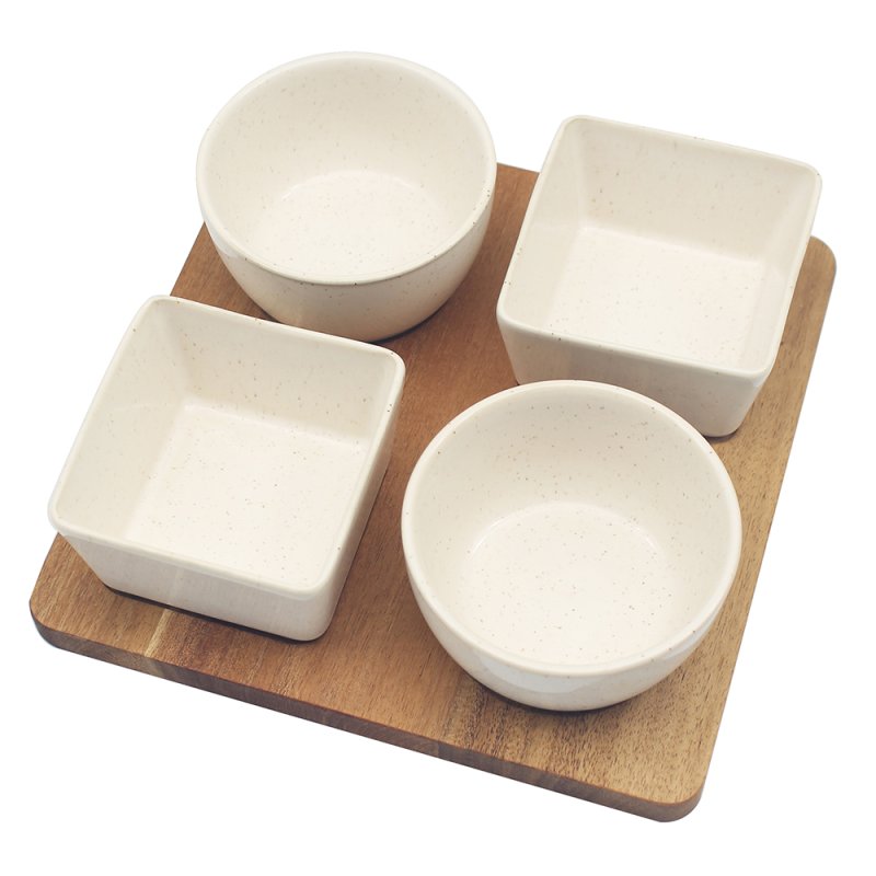 4Pc Snack Bowls With Square Wooden Tray Serving Set