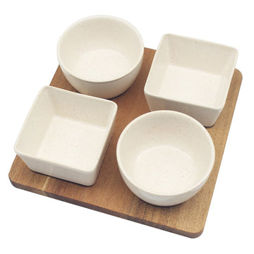 4Pc Snack Bowls With Square Wooden Tray Serving Set