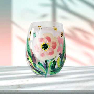 500ml Lynsey Johnstone Hand Painted Peonies & Bees Stemless Gin Glass