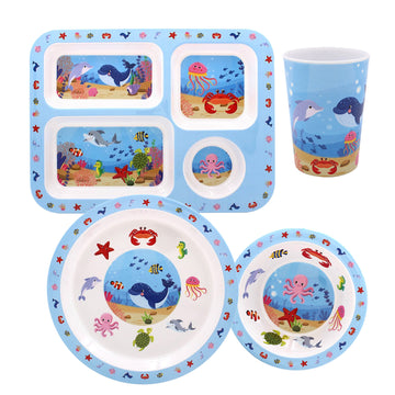 4pc Blue Sea Life Kids Bowl Beaker Plate Tray Dinner Set