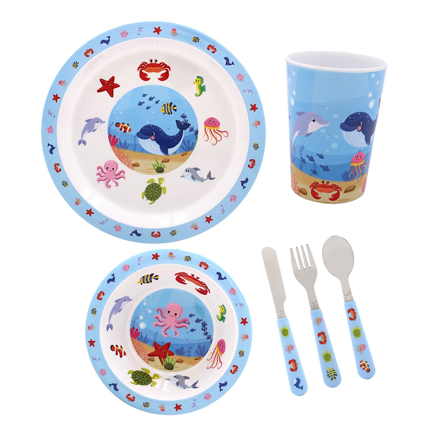 4pc Blue Sea Life Kids Bowl Beaker Plate Cutlery Dinner Set