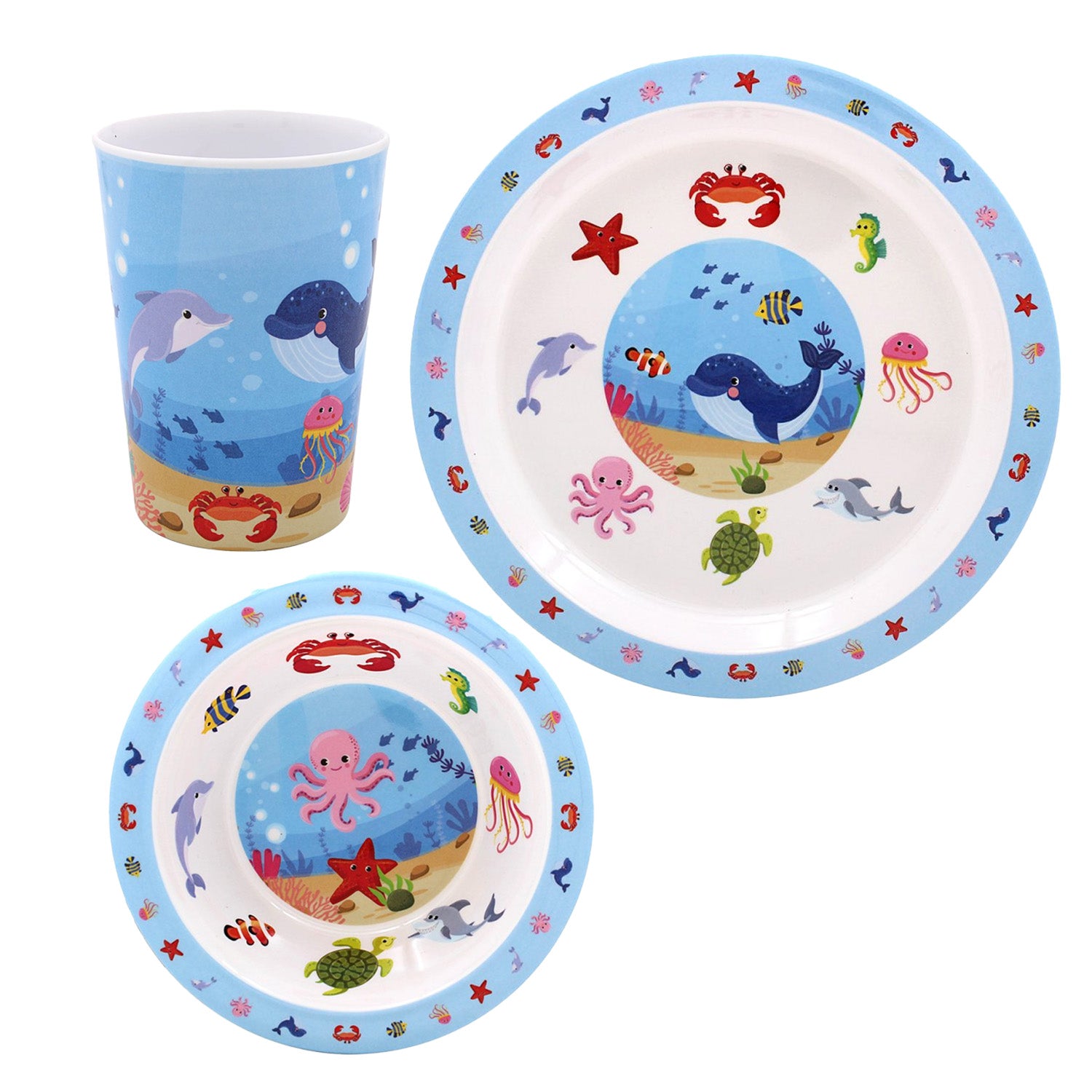 3pc Blue Sea Life Kids Bowl Beaker Plate Dinner Set