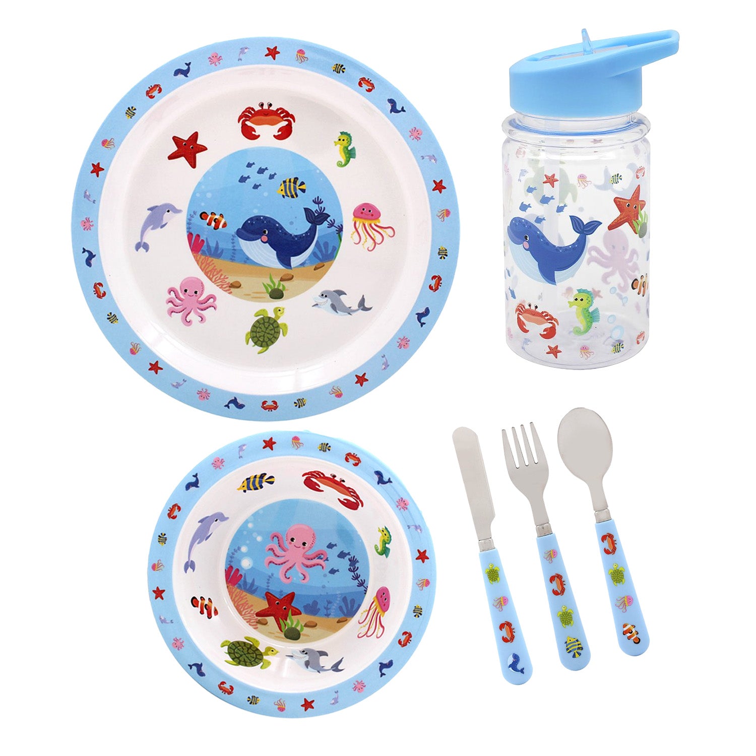 4pc Blue Sea Life Kids Bowl Water Bottle Plate Cutlery Dinner Set