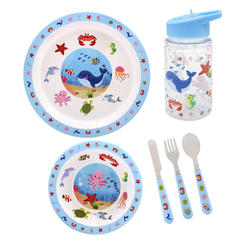 4pc Blue Sea Life Kids Bowl Water Bottle Plate Cutlery Dinner Set